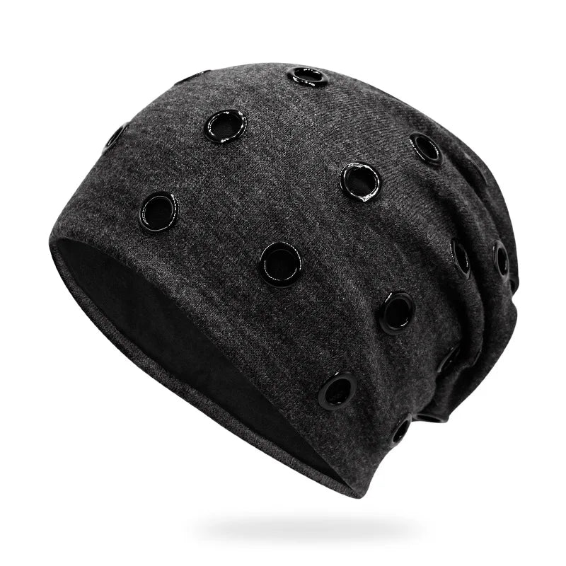 Szblaze Unisex Winter Thermal Punk Style Hat Beanies Skullies With Metal Rings Hip Hop Casual Caps for 56cm to 60cm Heads