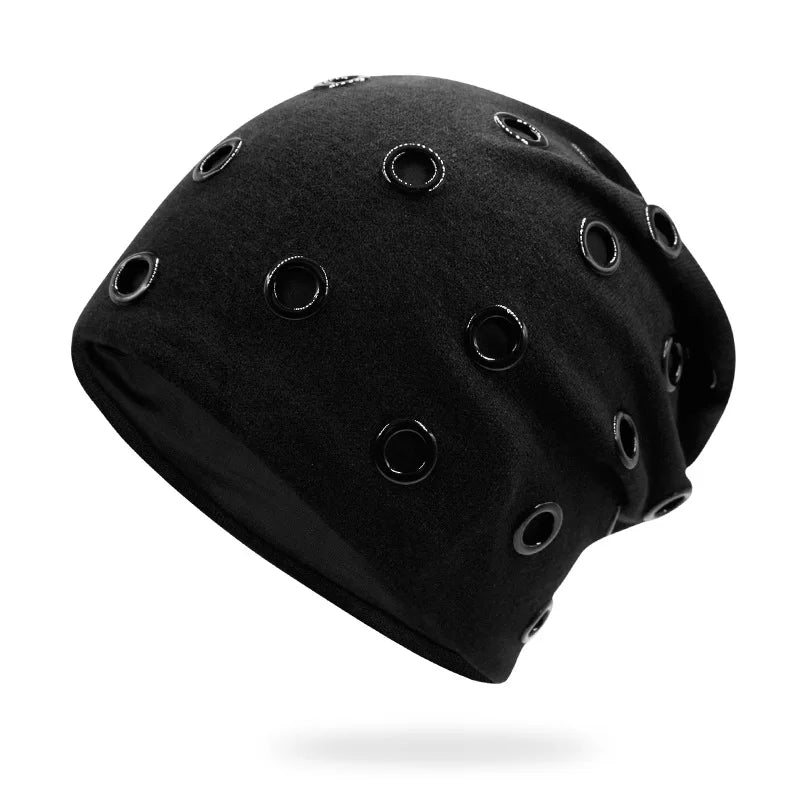Szblaze Unisex Winter Thermal Punk Style Hat Beanies Skullies With Metal Rings Hip Hop Casual Caps for 56cm to 60cm Heads
