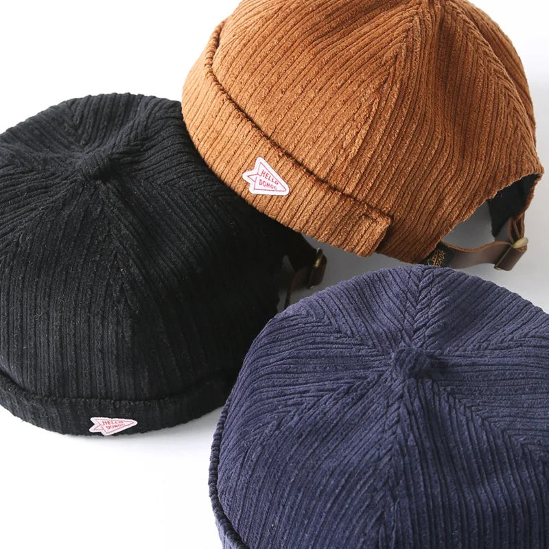 Corduroy Brimless Docker Leon Cap Adjustable Street Casual Sailor Skullcap Beanie Hat No Brim Rolled Cuff Retro Trucker Worker