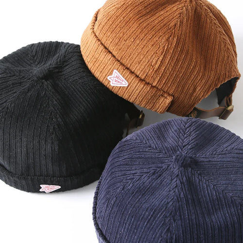 Corduroy Brimless Docker Leon Cap Adjustable Street Casual Sailor Skullcap Beanie Hat No Brim Rolled Cuff Retro Trucker Worker