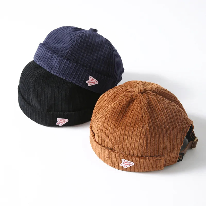 Corduroy Brimless Docker Leon Cap Adjustable Street Casual Sailor Skullcap Beanie Hat No Brim Rolled Cuff Retro Trucker Worker