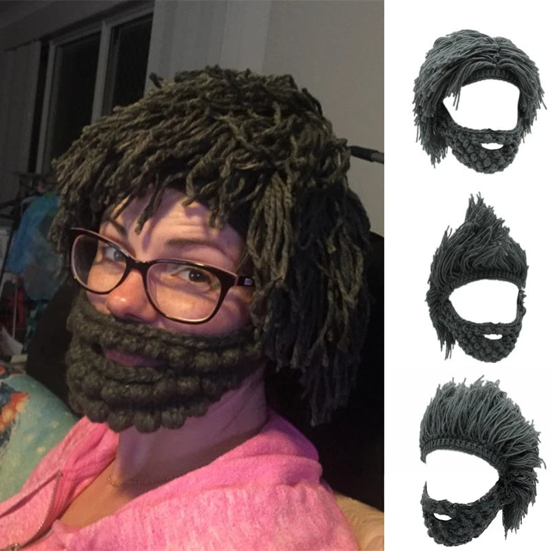 Punk-style Knitted Cap Funny Wig Beard Knitted Hats Hobo Mad Scientist Hip Hop Handmade Knit Warm Winter Cap Beanies Hat