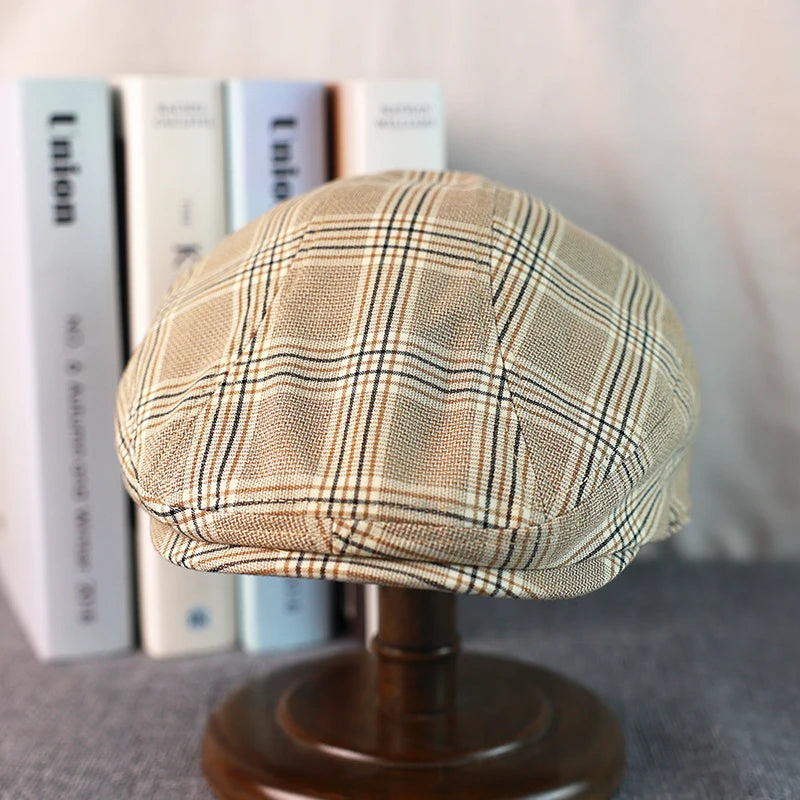 Spring Summer Linen Newsboy Cap New Beige Plaid Breathable Beret Men's Women's Literary Retro Hat England Hats Male Hats A-36
