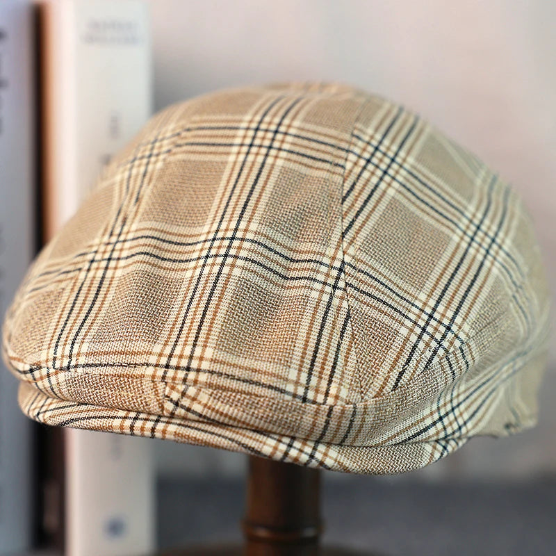 Spring Summer Linen Newsboy Cap New Beige Plaid Breathable Beret Men's Women's Literary Retro Hat England Hats Male Hats A-36