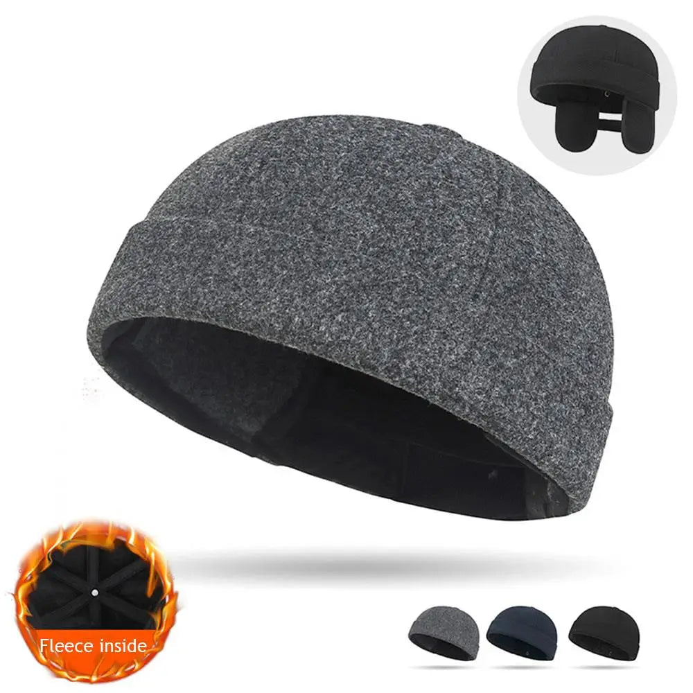 Brimless Hat Landlord Hat Fleece-Lined Hats Docker Cap Dome Melon Cap Casual Hip Hop Adjustable Windproof Outdoor Keep Warm Hat
